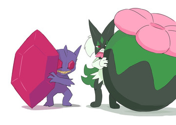 3_fingers 3_toes ambiguous_gender anthro claws duo fangs featureless_crotch feet fingers flower_trick fur gem gem_eyes green_body green_fur green_hair hair paws purple_body red_eyes simple_background teeth toes yellow_teeth ylit nintendo pokemon felid feline generation_6_pokemon generation_9_pokemon humanoid mammal mega_evolution mega_sableye meowscarada pokemon_(species) 2025