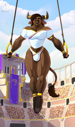 anthro arm_ring biceps big_breasts blush bodily_fluids bracelet breasts bulge clothing colosseum crowd_watching deltoids detailed_background ear_piercing emanata eyebrow_piercing facial_piercing gold_(metal) gold_jewelry gynomorph intersex jewelry muscular muscular_gynomorph muscular_intersex nose_piercing nose_ring olympic_sport pecs pecs_with_breasts piercing ring_piercing shirt shoulderless_shirt stadium sweat sweaty_body tail thong topwear underwear white_clothing white_shirt white_topwear yellow_eyes juxtapex european_mythology greek_mythology mythology olympics bovid bovine mammal minotaur hi_res