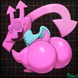ambiguous_gender armless arrow_(anatomy) big_butt blue_clothing blue_shirt blue_topwear blush bottomless butt butt_focus clothed clothing crouching geometric_background grid_background huge_butt looking_at_viewer looking_back not_furry open_mouth pattern_background pink_body presenting presenting_hindquarters rear_view sharp_teeth shirt short_tail simple_background smile solo spiral spiral_eyes tail teeth topwear vignette miso_souperstar deltarune undertale_(series) darkner virovirokun 1:1 2021 absurd_res digital_media_(artwork) hi_res