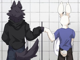 anthro bathroom black_body black_fur clothing duo fist_bump fur gesture male male/male public_restroom urinal white_body white_fur lumii i_think_i_like_you mythology leon_ostiarius sky_(i_think_i_like_you) canid canid_demon canine canis demon hellhound lagomorph leporid mammal mythological_canine mythological_creature rabbit wolf 4:3 absurd_res hi_res