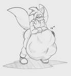 2_tails abdominal_bulge after_vore anthro bangs belly big_belly chest_tuft fluffy fluffy_tail fully_inside looking_at_viewer male multi_tail same_size_vore solo tail tuft vore foxynoms sega sonic_the_hedgehog_(series) miles_prower canid canine fox mammal 2023 hi_res monochrome sketch