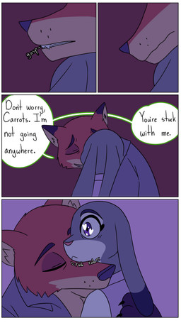 anthro comforting dialogue duo female fur grey_body grey_fur male nuzzling orange_body orange_fur pointy_ears rabbit_ears hahstudios disney zootopia judy_hopps nick_wilde canid canine european_rabbit fox lagomorph leporid mammal oryctolagus rabbit red_fox true_fox comic