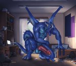 2019 5_fingers anthro balls big_balls big_penis biped blue_body blue_nipples blue_scales bodily_fluids body_size_growth claws cum cum_on_penis day detailed_background digital_media_(artwork) digitigrade dragon dripping erection fingers genital_fluids genitals green_eyes growth hi_res horn huge_balls huge_penis indoor_nudity inside knot long_tongue male melfur membrane_(anatomy) membranous_wings muscle_growth muscular muscular_anthro muscular_male mythological_creature mythological_scalie mythology nipples nude nude_anthro nude_male penile_spines penis precum precum_drip rakisha scales scalie size_transformation solo spines standing tail thick_penis tongue transformation urethra vein veiny_penis wing_growth wings