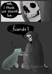 ambiguous_gender animated_skeleton bone canid canine canis comic death_(personification) dialogue domestic_dog duo english_text feral ghost grim_reaper jenny_jinya loving_reaper male_(lore) mammal pit_bull skeleton spirit text undead