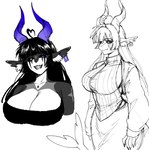 2_horns alternative_fashion anthro bangs big_breasts black_clothing black_hair black_sclera black_topwear blue_horn bottomwear breasts cleavage clothed clothing ear_piercing female goth grey_ears hair horn long_ears mouth_closed multiple_poses piercing pose purple_horn sharp_teeth simple_background smile solo tail teeth topwear white_background white_inner_ear cursedanchovy mythology dragon mythological_creature mythological_scalie scalie 2024 bust_portrait digital_media_(artwork) hi_res partially_colored portrait three-quarter_portrait