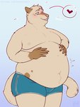 anthro belly big_belly blue_clothing blue_underwear brown_spots claws clothing fur green_eyes hair holding_belly looking_at_self male moobs navel obese obese_anthro overweight overweight_anthro overweight_male pink_nose short_hair simple_background smile solo spots tail tan_body tan_fur tan_hair teeth underwear aucherr domestic_cat felid feline felis mammal 2023 absurd_res hi_res