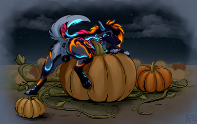 anatomically_correct anatomically_correct_genitalia anatomically_correct_vulva animal_genitalia animal_vulva anus bioluminescence butt canine_genitalia canine_vulva cloud female feral food fruit genitals glowing glowing_genitalia glowing_markings leaf looking_at_viewer looking_back markings night outside pawpads paws plant pose presenting presenting_anus presenting_hindquarters presenting_vulva pumpkin pumpkin_patch rear_view solo star vines vulva muskydusky african_wild_dog awdeen canid canine hybrid hyena mammal hi_res pinup