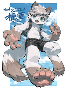 4_fingers anthro black_bottomwear black_clothing black_shorts bottomwear clothed clothing fangs fingers male open_clothing open_topwear open_vest pawpads shirtless_male shorts smile solo teeth topwear vest young makotoo canid mammal 3:4