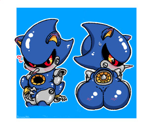 anthro balls black_sclera blue_body blue_ears blue_tail blush blush_lines butt claws front_view genitals grey_body grey_claws grey_nose half-closed_eyes heart_symbol looking_at_viewer looking_back machine male narrowed_eyes rear_view red_eyes sitting small_balls solo standing tail text thick_thighs bananapop sega sonic_the_hedgehog_(series) metal_sonic eulipotyphlan hedgehog mammal robot robot_anthro 2025 artist_name digital_media_(artwork)