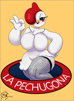 anthro avian_caruncle beak big_breasts blush breasts clothing comb_(anatomy) female fishnet_clothing fishnet_legwear head_crest heart_eyes heart_symbol legwear looking_at_viewer one_eye_obstructed solo text thick_thighs white_body n-ronin la_pechugona avian bird chicken galliform phasianid hi_res spanish_text