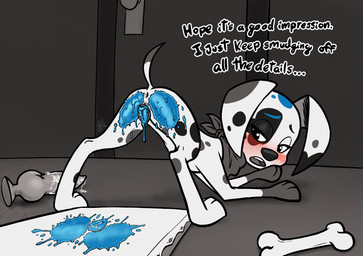 3_toes animal_dildo animal_genitalia animal_sex_toy animal_vulva anus black_text blue_paint blush blush_lines bodily_fluids bone butt_print canine_dildo canine_genitalia canine_vulva canvas dialogue digitigrade dildo door eyebrows eyelashes feet female feral floppy_ears fur genital_fluids genitals half-closed_eyes kerchief knot knotted_dildo looking_back markings narrowed_eyes neckerchief neckwear open_mouth paint paint_on_butt paint_on_pussy painting_(object) paws pussy_print quadruped sex_toy solo spots spotted_body spotted_fur tail talking_to_self teeth text toes tongue vaginal_fluids vaginal_fluids_on_dildo vulva young young_female young_feral soulcentinel 101_dalmatian_street 101_dalmatians disney da_vinci_(101_dalmatians) canid canine canis dalmatian domestic_dog mammal 2025 english_text restricted_palette signature