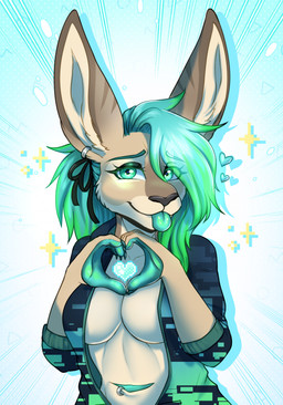 anthro black_nose blue_hair breasts brown_body brown_fur clothed clothed_female clothing ear_piercing female fur furgonomic_piercing furgonomics gesture green_eyes green_hair hair heart_gesture heart_symbol piercing pouch_(anatomy) pouch_piercing solo tongue tongue_out thecatnamedfish kangaroo macropod mammal marsupial hi_res