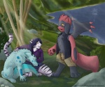 abandoned alternate_color ambiguous_gender anthro group hiking homeless lakeside mountain outside tail trail purplepardus fakemon nintendo pokemon chris_(typhlosionboy) fan_character canid canine canis demon felid generation_4_pokemon giratina hybrid legendary_pokemon mammal pantherine pokemon_(species) riolu tiger wolf 6:5 digital_media_(artwork) hi_res adopted_(lore)