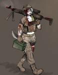 afterimage anthro armor army bandage bandolier blood bodily_fluids bottomwear breasts bullet bulletproof_vest clothed clothing female fur gun headgear helmet holding_gun holding_object holding_ranged_weapon holding_weapon humanoid_hands m240 machine_gun midriff military military_uniform motion_blur motion_lines navel open_mouth pants plate_carrier ranged_weapon shirt simple_background smile smoking_gun solo surgical_suture tail tail_motion tailwag topwear uniform weapon wounded hladilnik samantha_thott canid canine canis mammal 2019 digital_media_(artwork) hi_res