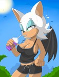 anthro beverage bodily_fluids breasts cleavage clothed clothing container cup day eyeshadow female flying_sweatdrops fur green_eyes makeup membrane_(anatomy) membranous_wings narrowed_eyes outside solo sun sweat sweatdrop tan_body tan_skin white_body white_fur wings zebra10045 grimace_shake mcdonald's sega sonic_the_hedgehog_(series) rouge_the_bat bat mammal 2023 hi_res meme