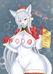 anthro big_breasts blush breasts christmas_clothing christmas_headwear clothed clothing clothing_lift female fur genitals hat headgear headwear holidays innie_pussy kemono mostly_nude mostly_nude_female navel nipples nude presenting presenting_breasts pussy santa_hat solo text white_body white_fur skulkers christmas fuyu_(skulkers) canid canine mammal digital_media_(artwork) hi_res shaded