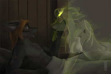 anthro anthro_on_anthro bed bed_covers bed_sheet bedding bodily_fluids breasts caressing crying duo feathers female forehead_gem fur furniture gem glowing grey_body grey_fur hair inside male male/female nipples open_mouth orange_hair piercing plant tears translucent translucent_body vase yellow_eyes ipoke alecrast canid canine ghost mammal spirit undead 2009 3:2