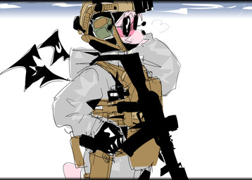 anthro armor balaclava bodily_fluids clothing earmuffs eyewear female fur grey_clothing grey_jacket grey_topwear gun headgear helmet jacket mask military_clothing pink_body pink_fur ranged_weapon simple_background solo sunglasses sweat sweatdrop tactical_gear topwear weapon wings bravobunny kalashnikov bravo_(bravobunny) canid canine mammal hi_res