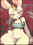 abstract_background anthro areola biped blush bottomless clothed clothing crop_top erect_nipples female frown fur genitals hair lagomorph leporid looking_at_viewer mammal multi_nipple multicolored_hair n0ncanon navel nipples pillarbox presenting presenting_pussy presenting_teats pussy rabbit rainbow_hair shirt sitting solo spread_legs spreading teats topwear white_body white_fur