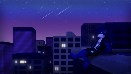 4_toes anthro building butt claws clothing eyebrows fangs feet finger_claws fingerless_gloves fluffy fluffy_tail fur gloves handwear jacket male muscular navel night purple_body purple_fur rooftop shooting_star short sitting sky solo star starry_sky tail teeth toe_claws toes topwear mkaiast mkaiast_(character) canid canine canis mammal wolf hi_res watermark widescreen