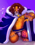 anthro armor bulge clothing crown headgear male melee_weapon open_mouth solo sword underwear weapon iceman1984 armello league_of_geeks the_king_(armello) felid lion mammal pantherine