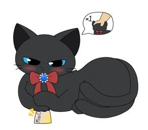 2_tails black_body black_eyes black_fur black_nose blue_eyes blush blush_lines bow_tie female feral fur gem headpat multi_tail solo tail ticket caroll arknights hypergryph studio_montagne miss_christine_(arknights) domestic_cat felid feline felis mammal absurd_res hi_res