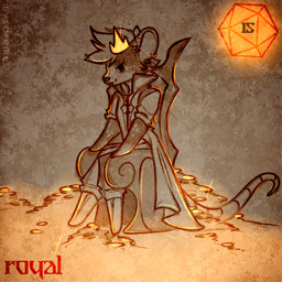 ambiguous_gender anthro chair clothing coin crown d20 dice ear_piercing furniture gold_(metal) gold_coin headgear holidays long_tail money on_chair orange_dice piercing royalty sitting sitting_on_chair sitting_on_throne tail throne treasure treasure_hoard wearing_crown wysdrem halloween mammal mouse murid murine rodent 1:1 hi_res