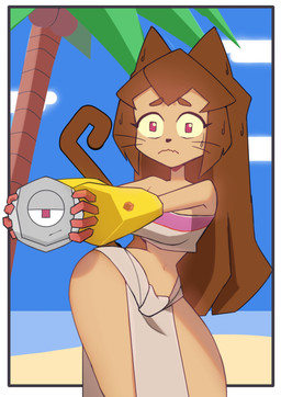 anthro beach bodily_fluids bottomwear breasts brown_body brown_hair clothing cosplay crossover_cosplay duo eyebrows eyelashes female hair loincloth machine magenta_eyes male midriff sweat sweatdrop topwear tube_top whiskers wide_hips yellow_sclera akibas123 dreamworks gameoverse glitch_productions the_road_to_el_dorado chel_(the_road_to_el_dorado) kaboodle_(gameoverse) kit_bodega domestic_cat felid feline felis mammal robot 2026 absurd_res crossover hi_res
