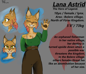 anthro blue_ear_ring fantasy female hair originalcharacters pink_hair ponytail text yellow_eyes bunnycool lanathelynx felid feline lynx mammal english_text hi_res model_sheet reference_image shaded