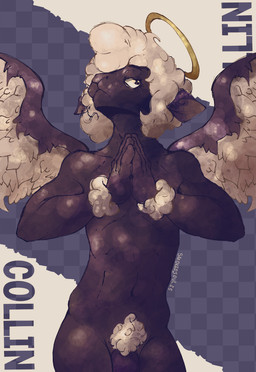 anthro biped flaccid fur genitals halo male male_anthro nude penis penis_base pose simple_background solo standing tail text thick_thighs wide_hips wings smokedsoul35 hellaverse helluva_boss collin_(helluva_boss) angel bovid caprine cherub mammal sheep digital_media_(artwork) english_text hi_res