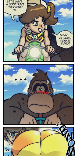 anthro big_butt blood blue_eyes blush bodily_fluids bottomwear bow_tie brown_hair butt clothing cloud crop_top dialogue distracted duo ear_piercing ear_ring female fur hair hat headgear headwear male motorcycle multicolored_body multicolored_fur nosebleed oblivious piercing ponytail ring_piercing shirt shorts sky sweat sweatdrop text topwear vehicle jampsdraws donkey_kong_(series) mario_bros mario_kart nintendo donkey_kong_(character) princess_daisy ape gorilla haplorhine human mammal primate comic english_text hi_res