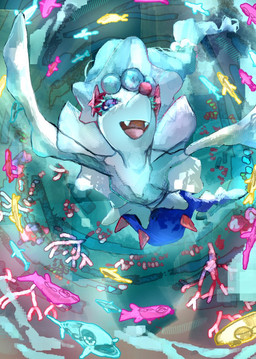 ambiguous_gender anthro blue_eyes blue_hair eyelashes fangs feral gem group hair open_mouth pearl_(gem) split_form starfish_(accessory) swimming tail teeth tongue underwater water white_body 6moon_0 nintendo pokemon ambient_fish ambient_sealife anthozoan aquatic asterozoan cnidarian coral echinoderm fish generation_7_pokemon pokemon_(species) primarina starfish wishiwashi wishiwashi_(solo_form) 2026