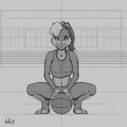 3_toes 4_fingers accessory anthro ball bangs barefoot basketball_(ball) bent_legs bottomwear breasts buckteeth clothing crop_top crouching feet female fingers front_view fur gloves grey_body grey_fur grey_nose hair hair_accessory hair_tie hands_on_ball handwear looking_at_viewer multicolored_body multicolored_fur navel outside ponytail_ears shirt shorts smile smiling_at_viewer solo stairs straddling teeth text toes topwear white_clothing white_gloves white_handwear dudles looney_tunes warner_brothers lola_bunny lagomorph leporid mammal rabbit 1:1 2023 artist_name digital_media_(artwork) hi_res monochrome sketch unfinished