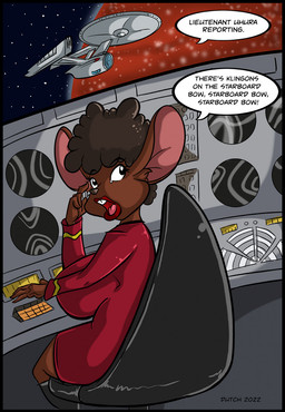 anthro big_breasts boots breasts brown_body brown_fur brown_hair buckteeth clothed clothing cosplay detailed_background female floating_eyebrows footwear fur hair lips open_mouth planet red_lips shoes solo space spacecraft speech_bubble star starfleet_uniform teeth text thick_thighs vehicle dutch_(artist) star_trek coffeebean_(dutch) nyota_uhura mammal mouse murid murine rodent 2022 digital_media_(artwork) english_text hi_res