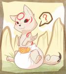 :3 black_nose clean_diaper clothed clothed_feral clothing daww diaper diaper_only dipstick_tail feral fur markings multicolored_tail print_diaper question_mark sitting solo speech_bubble spiral_print tail tail_markings topless wearing_diaper white_body white_fur bubblepuppers capcom clover_studio okami_(capcom) chibiterasu_(okami) canid canine canis deity mammal wolf 2014 hi_res