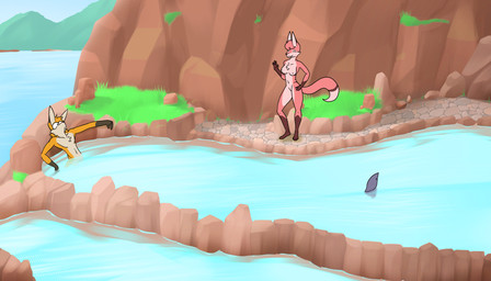 ambiguous_gender anthro bathing brown_markings detailed_background female fin fur group hair hot_spring male markings nude onsen orange_body orange_fur pink_body pink_fur short_hair tan_body tan_fur trio water pangenus ranara aquatic canid canine fish fox mammal shark hi_res