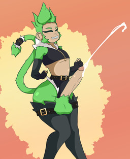 anthro balls belt big_balls big_butt big_penis bodily_fluids body_hair butt clothing cum cum_on_penis cumshot ejaculation femboy fur genital_fluids genitals gloves green_body green_fur green_hair hair hairy_balls hands-free handwear huge_penis looking_pleasured male midriff penis simple_background solo thick_thighs zipper tyler_3d_(artist) haplorhine humanoid mammal monkey primate absurd_res hi_res