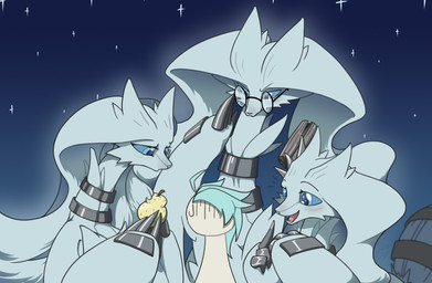 anthro blue_eyes blue_hair blue_sclera eyewear female food fur glasses group hair larger_anthro long_neck looking_at_another male nails night open_mouth open_smile size_difference sky smaller_human smile star white_body white_fur white_hair adetuddymax nintendo pokemon generation_5_pokemon human legendary_pokemon mammal pokemon_(species) reshiram hi_res