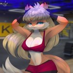 anthro barely_visible_nipples big_breasts blue_eyes bodily_fluids breasts female gym nipples solo sweat akumasinner canid canine fox humanoid mammal 1:1 absurd_res hi_res