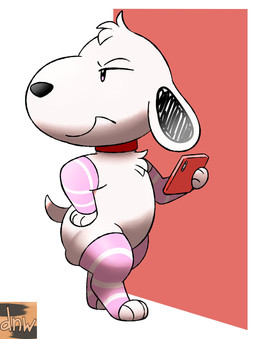 annoyed anthro armwear black_ears black_nose cellphone chest_tuft clothing collar electronics eyebrows fur hand_on_hip head_tuft holding_cellphone holding_object holding_phone legwear male mouth_closed pattern_armwear pattern_clothing pattern_legwear phone pink_armwear pink_clothing pink_eyes pink_legwear pink_thigh_highs red_collar small_tail smartphone solo standing striped_armwear striped_clothing striped_legwear stripes tail thick_thighs thigh_highs tuft white_body white_fur white_stripes reallydarkandwindie peanuts_(comic) snoopy canid canine canis domestic_dog mammal 2026 digital_drawing_(artwork) digital_media_(artwork) english_description hi_res