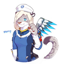 anthro biped blonde_hair blue_clothing blue_eyes blue_wings clothing collar female fur grey_body grey_fur hair hair_over_eye hat headgear headwear paws raised_paw solo spread_wings syringe tail white_body white_fur wings yellow_collar jarvis0201 blizzard_entertainment overwatch mercy_(overwatch) felid mammal pantherine snow_leopard