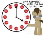 clock eyewear feral fur glasses hair looking_at_viewer male solo stop_sign text filthy_frank friendship_is_magic hasbro my_little_pony doctor_whooves_(mlp) earth_pony equid equine horse mammal pony english_text hi_res meme reaction_image