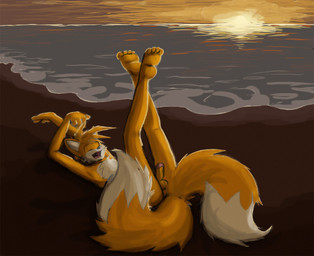 4_toes anthro balls barefoot beach belly biped black_nose butt cloud detailed_background erection exposed eyebrows eyes_closed feet fluffy fluffy_tail fur genitals glans hair hindpaw humanoid_genitalia humanoid_penis legs_up lying male multi_tail multicolored_body multicolored_fur nude nude_beach on_back open_mouth open_smile orange_balls orange_body orange_fur orange_hair orange_penis outside paws penis pink_glans pink_tongue plantigrade sand seaside short_hair sky slim smile solo sunset tail toes tongue two_tone_body two_tone_fur water white_belly white_body white_fur kolossal sega sonic_the_hedgehog_(series) miles_prower canid canine fox mammal
