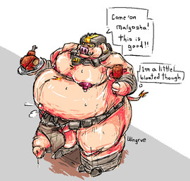 anthro armor balls belly big_belly big_penis bloated bodily_fluids clothing dripping food foreskin genital_fluids genitals headgear huge_penis male moobs musclegut muscular muscular_anthro muscular_male navel nipples outie_navel overweight overweight_anthro overweight_male penis precum precum_drip solo sweat text tight_foreskin wngrve microsoft minecraft mojang xbox_game_studios general_chungus domestic_pig mammal piglin suid suine sus_(pig) english_text