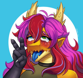 ahegao anthro blush bodily_fluids female fingers genital_fluids hair heterochromia horn looking_pleasured multicolored_hair scar solo tears tongue two_tone_hair unknown_artist mythology pawfursuniverse vtuber queensmolder smolder_(pawfurs) demon dragon mythological_creature mythological_scalie scalie absurd_res hi_res herm_(lore)