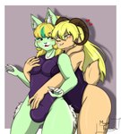 anthro bulge bulge_grab clothing duo ear_piercing ear_ring female female/female intersex intersex/female piercing ring_piercing swimwear marii_takamiya ellie_violet lemonade_(lemonyowo) bovid caprine domestic_cat felid feline felis mammal sheep hi_res trans_(lore) trans_woman_(lore)