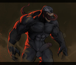 abs balls biceps claws corruption erection genitals glans humanoid_genitalia humanoid_penis long_tongue male muscular muscular_humanoid muscular_male not_furry nude open_mouth pecs penis sharp_teeth simple_background solo standing teeth tongue tongue_out vein nanadagger marvel spider-man_(series) venom_(marvel) humanoid mammal symbiote 2020 digital_media_(artwork) hi_res