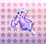 anthro female fur leg_markings long_ears markings pen purple_body purple_eyes purple_fur simple_background smile socks_(marking) solo spirit_fire hunicast hunibun lagomorph leporid mammal rabbit watermark