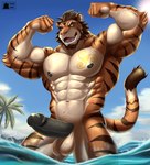 abs accessory anthro balls beach beard biceps black_nipples black_penis black_sclera blue_sky brown_hair bulge chest_tattoo claws clothed clothing cloud erection facial_hair finger_claws flexing flexing_bicep flexing_both_biceps fur genitals hair jewelry legs_in_water logo low-angle_view male muscular muscular_anthro muscular_male navel nipples nude obliques open_mouth palm_tree pecs penis penis_accessory plant sky solo speedo speedo_only striped_body striped_fur stripes swimwear tattoo topless tree wet wet_body wet_fur yellow_eyes yellow_tattoo chronodraws shadow_lyons felid mammal pantherine tiger 2024 absurd_res artist_logo hi_res