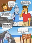3:4 anthro backpack beach canid canine canis clothed clothing comic coyote dialogue duo english_text fish fully_clothed fuze hi_res ian_dela_cruz male mammal marine mond_reyes seaside shark shirt t-shirt tank_top texnatsu text topwear